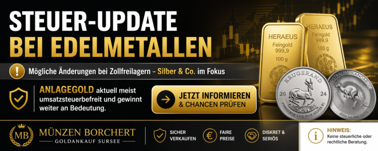 Werbebanner für Edelmetalle: Gold- und Silberbarren mit Shop-Call-to-Action und Disclaimer-Info links.