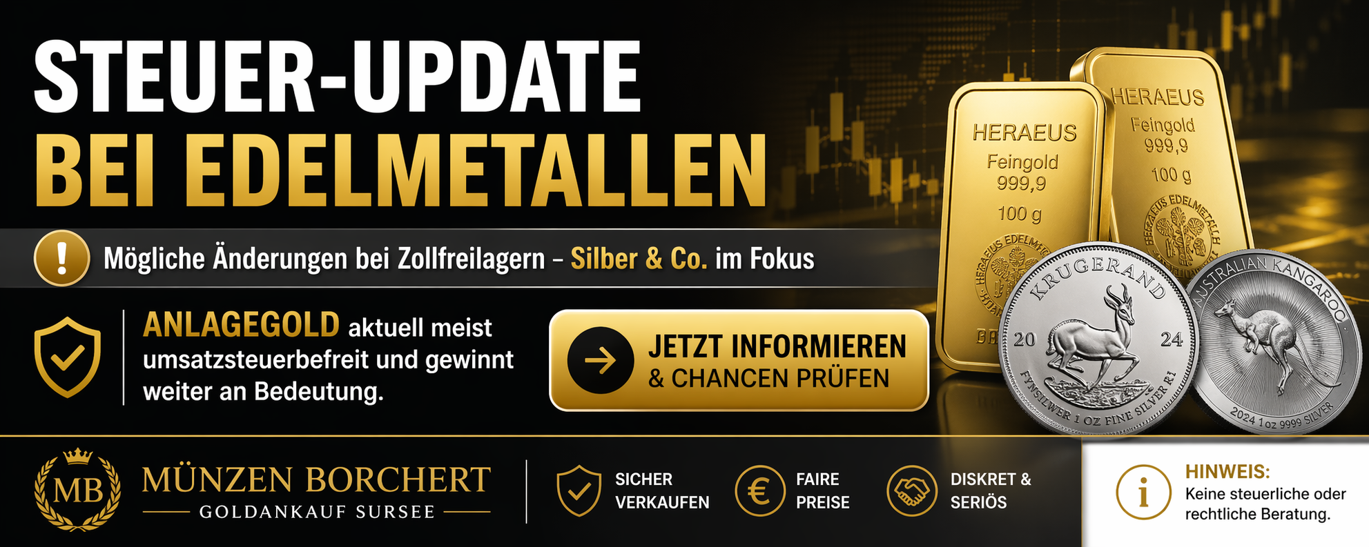Werbebanner für Edelmetalle: Gold- und Silberbarren mit Shop-Call-to-Action und Disclaimer-Info links.