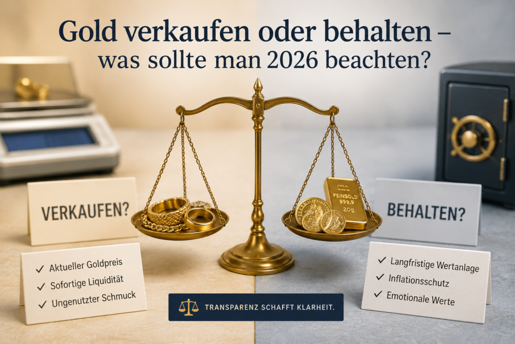 Goldwaage mit Schmuck und Münzen, daneben Frage: 'Gold verkaufen oder behalten – was beachten 2026?'; Checklisten zu Verkaufs- bzw. Behaltensgründen sichtbar links und rechts des Balanceskales.
