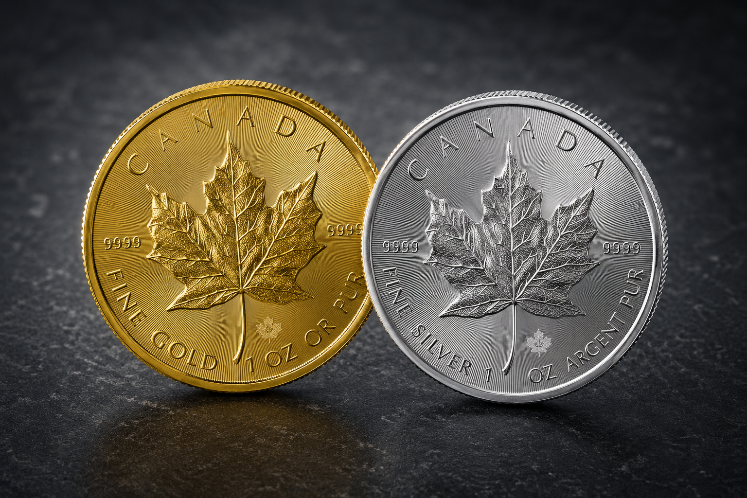 Gold and silver Canadian bullion coins side by side, each with a maple leaf design and inscriptions like 'Canada' and 'Fine Gold/Silver 1 oz'