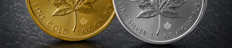 Close-up of gold and silver Canadian coins featuring a maple leaf, with inscriptions like 'FINE GOLD 1 OZ OR' and 'SILVER 1 OZ ARG'