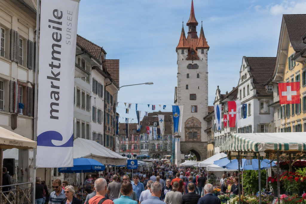 Crowded street festival in a Swiss town with market stalls, bunting, and Swiss flags, and a tall historic tower in the background.