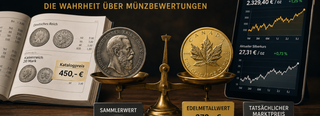 Balance scale with two coins—left German Empire coin, right Canadian gold maple leaf—beside an open catalog and a finance chart on a tablet; title in German.
