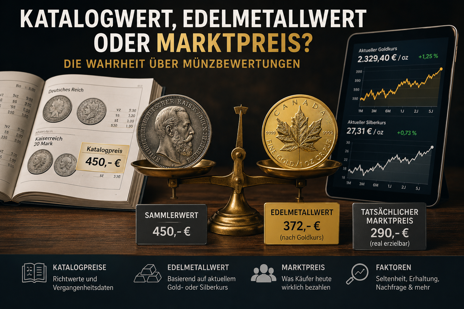 Infographic comparing catalog price, precious metal value and market price with a scale and coins showing 450 €, 372 € and 290 €.