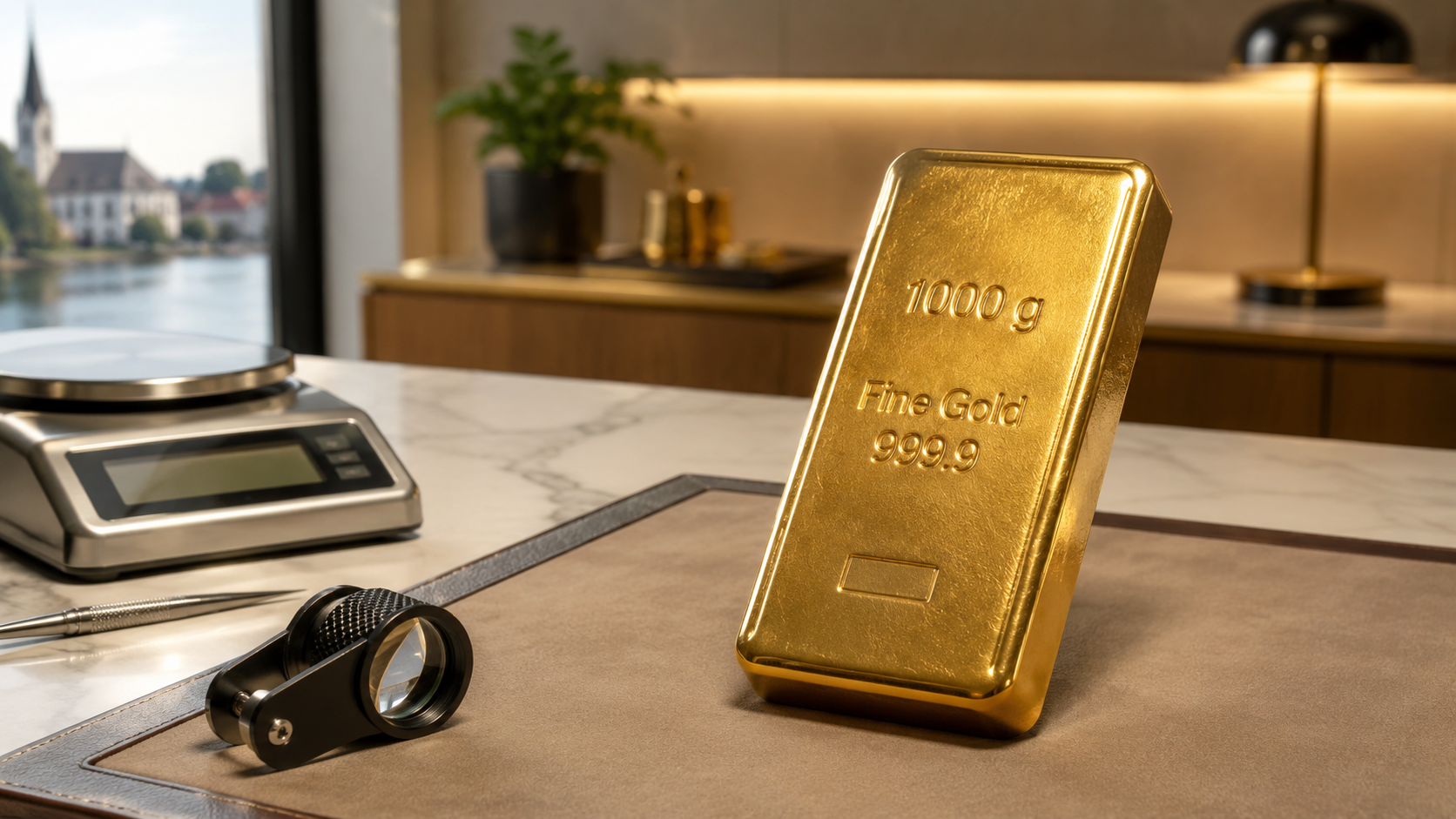 1 Kg Goldbarren 1 Kilo Kilogramm | Goldankauf Sursee Gold bar labeled 1000 g, Fine Gold 999.9, standing on a counter beside a digital scale and a jeweler's loupe in a showroom setting.