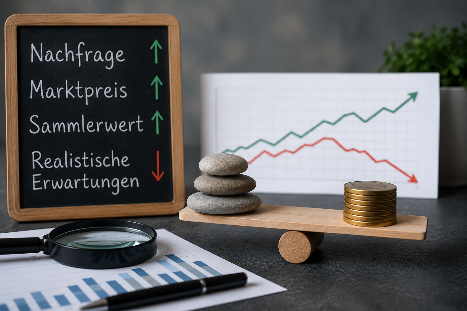 Chalkboard lists Nachfrage, Marktpreis, Sammlerwert with green up arrows and Realistische Erwartungen with a red down arrow