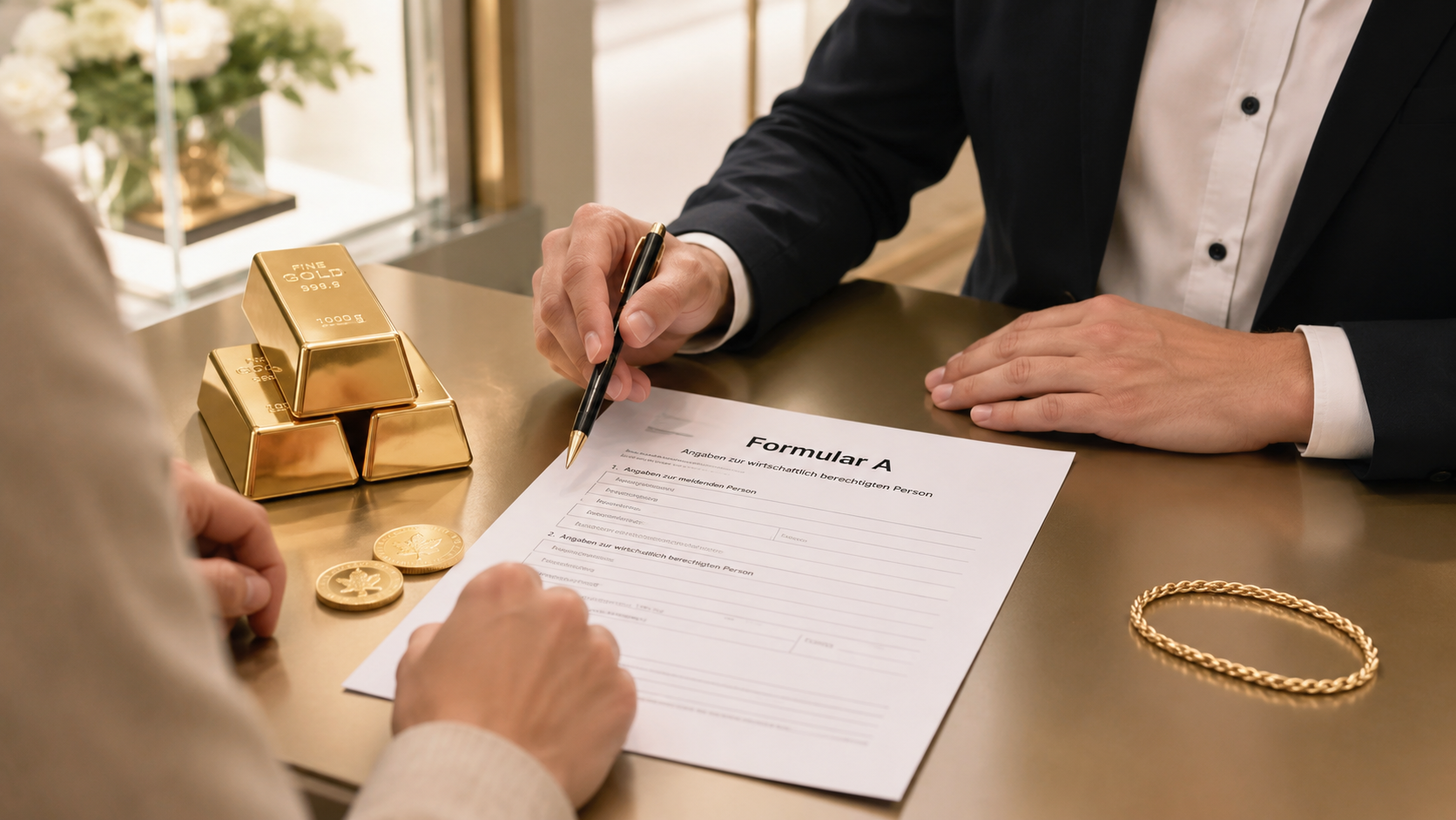Das Bild Wurde Digital Bzw KI Gestützt Erstellt Und Ist Kein Stockfoto Einer Externen Bildagentur | Goldankauf Sursee Person in a suit signs Form A on a polished desk, with gold bars, coins, and a braided bracelet nearby