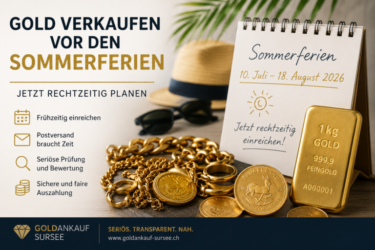 Gold-buying advertisement showing gold bars and jewelry beside a Sommerferien calendar; left column lists services with icons, bottom banner with the Goldankauf Sursee logo.