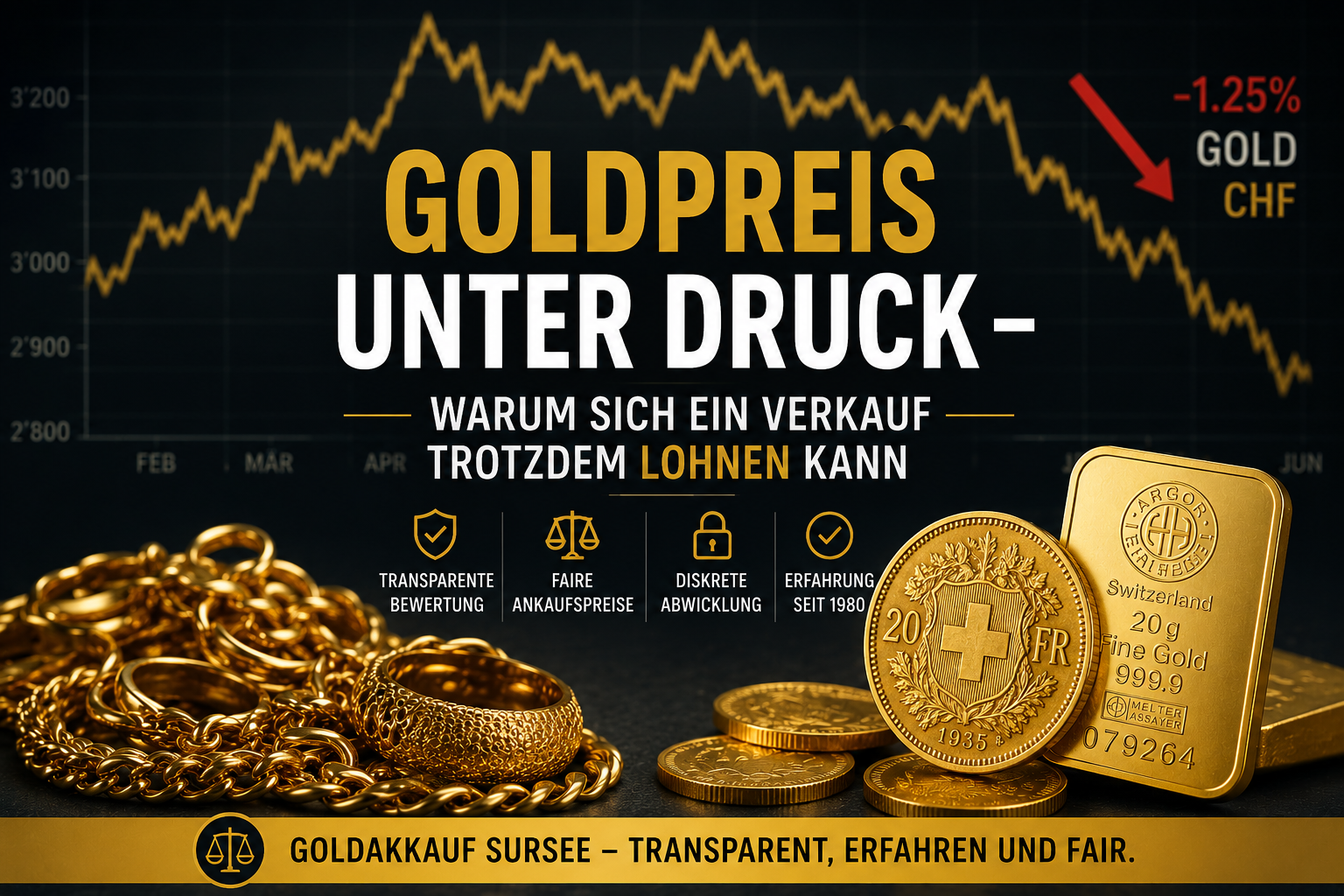 Goldpreis unter Druck – warum Verkauf trotzdem lohnend sein kann; Goldmünzen und -barren im Vordergrund, Chart im Hintergrund