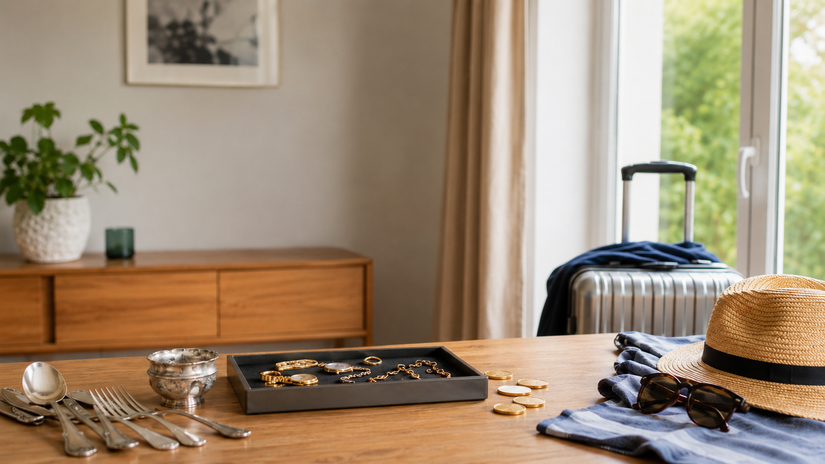Schmuck Vor Den Ferien Prüfen Lassen KI | Goldankauf Sursee A dining table with a jewelry tray, scattered coins, and silverware, plus a straw hat, sunglasses, and a blue scarf on a cloth beside a silver suitcase by a sunlit window in a cozy room.