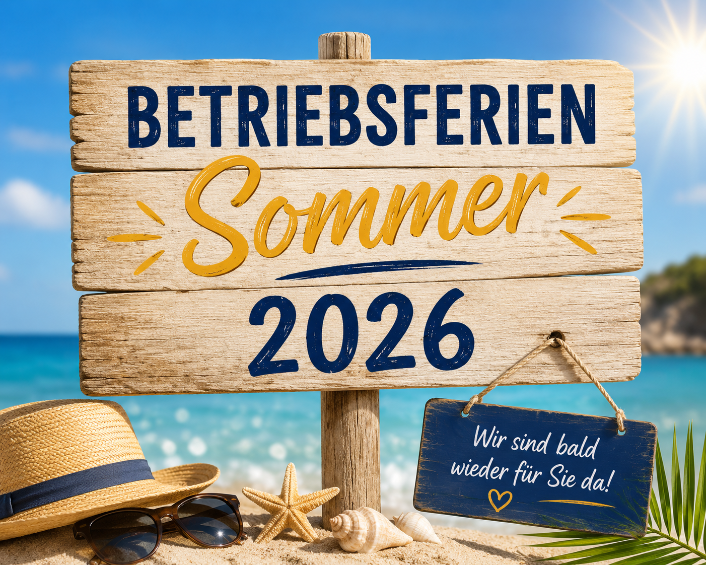 Wooden beach sign announcing 'Betriebsferien Sommer 2026' with sun, sea, hat, sunglasses and shells nearby.