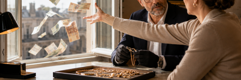 Two people at a jewelry counter, one in gloves holding gold chains as banknotes fly outside a window behind them.