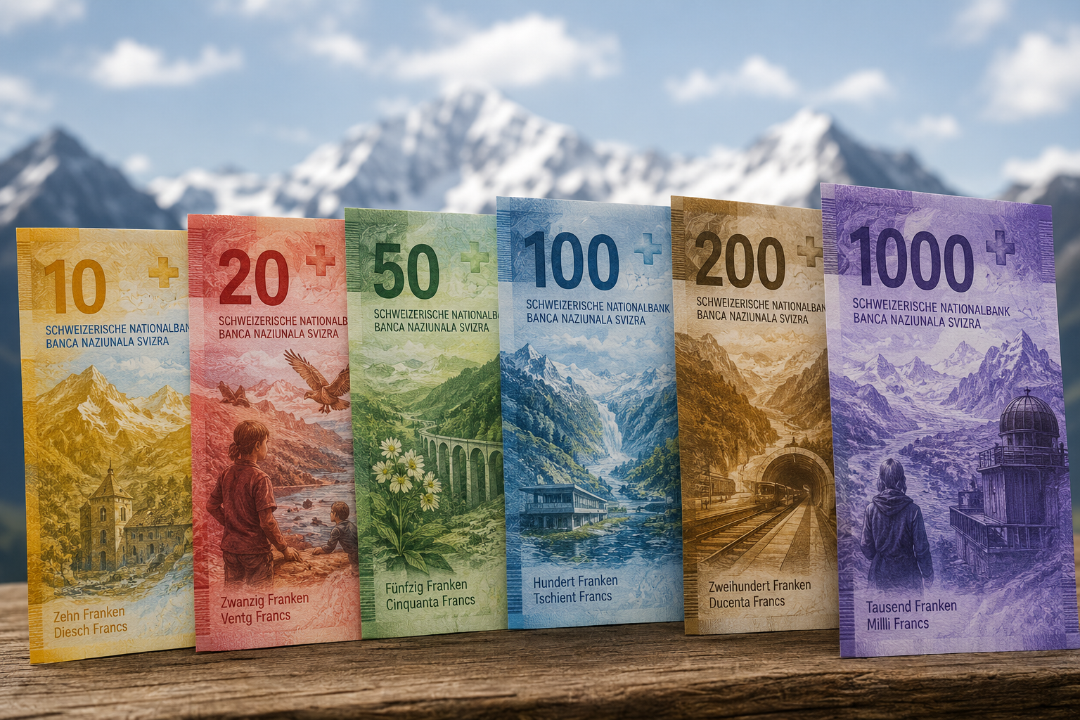 Neue Banknotenserie | Goldankauf Sursee Six Swiss franc banknotes (10–1000 CHF) stand upright on a wooden surface with snow-capped mountains in the background, colorful and arranged in a row.
