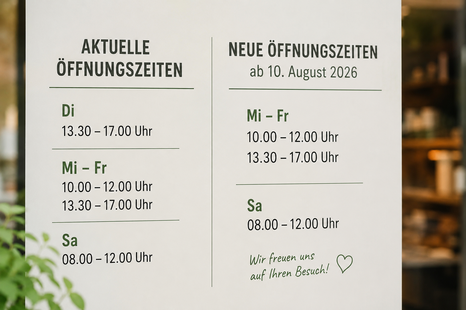 Two-column sign showing current and new opening hours in German: left column lists Di 13:30–17:00; Mi–Fr 10:00–12:00 and 13:30–17:00; Sa 08:00–12:00. Right column shows new hours Mi–Fr 10:00–12:00 and 13:30–17:00; Sa 08:00–12:00, plus a note and heart icon.