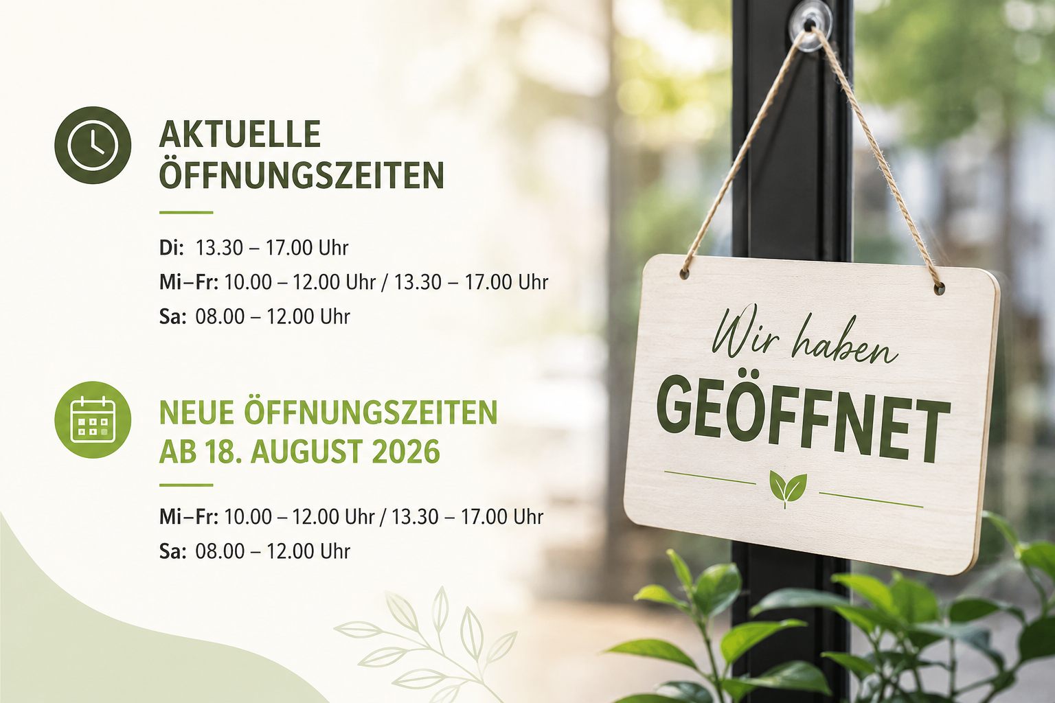 öffnungszeiten Goldankauf Surseech | Goldankauf Sursee Left side shows green icons with opening hours in German; a wooden 'Wir haben GEÖFFNET' sign hangs in a shop window on the right.