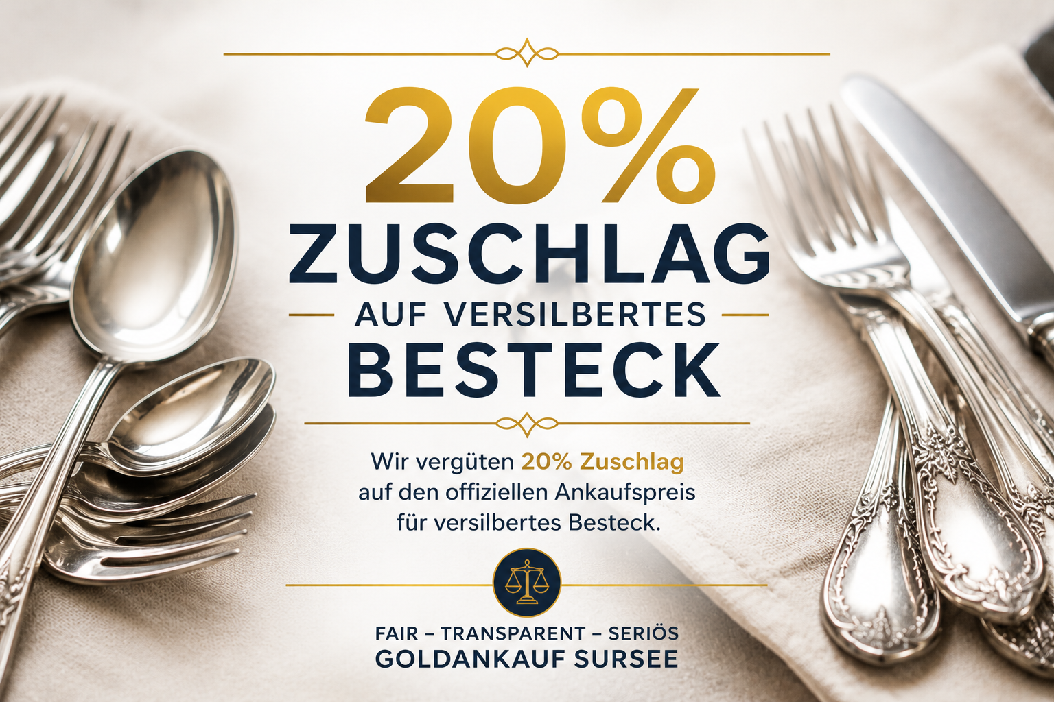 Promotional poster offering a 20% surcharge on silver-plated cutlery set on a beige table with gold and dark text styling on both sides of the image.