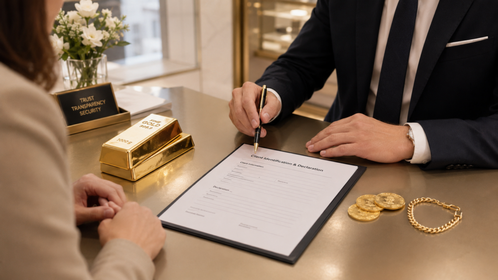 A person in a dark suit signs a form at a desk with gold bars, coins, and a bracelet nearby.