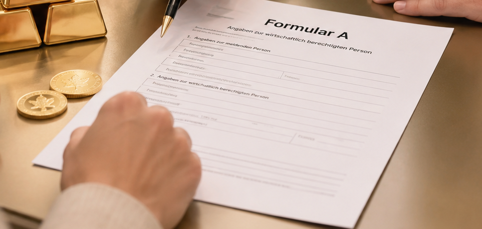 Hände einer Person unterschreiben das Formular A auf einem Schreibtisch, daneben Goldbarren und Münzen liegen sichtbar.
