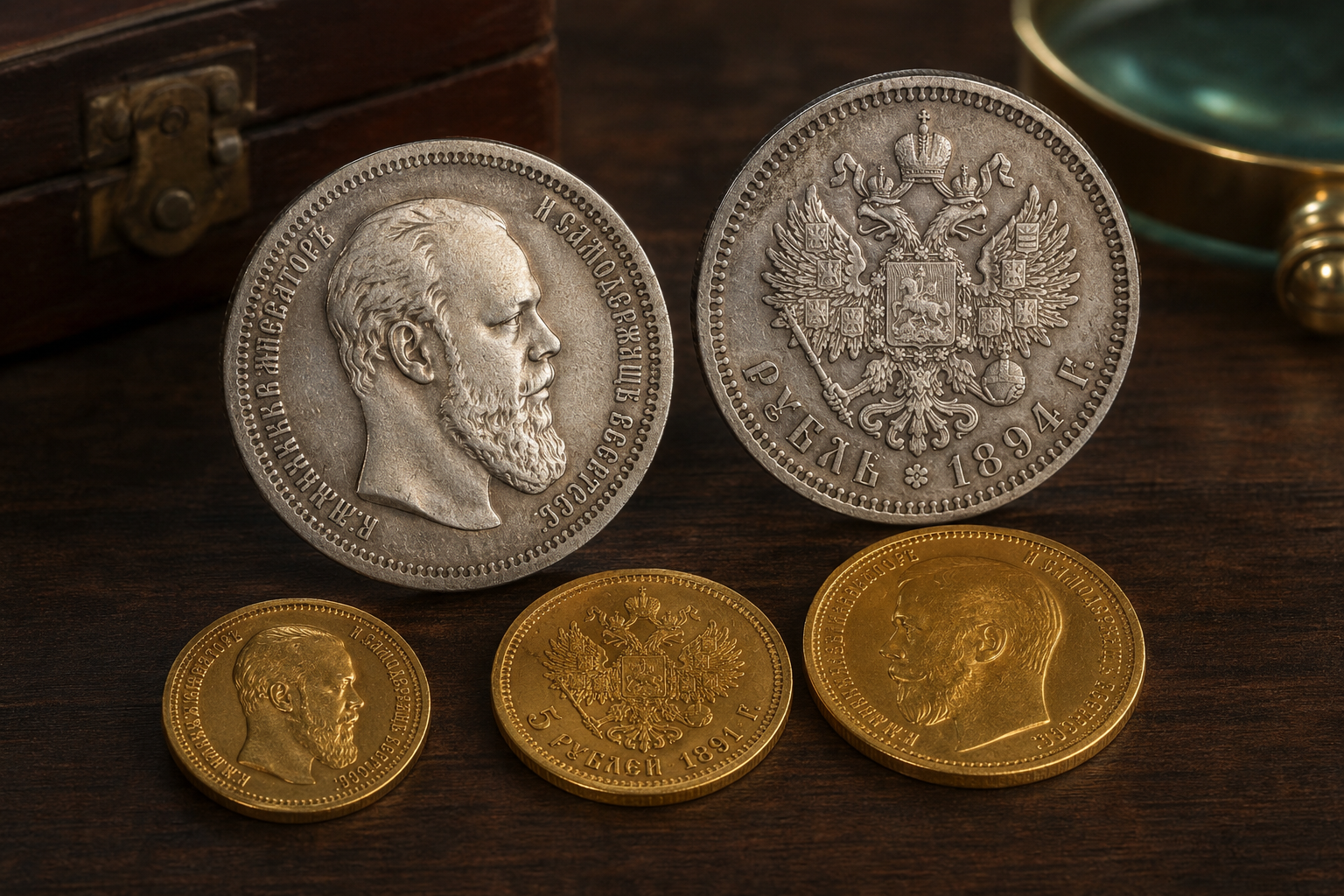 Several Russian imperial coins (silver and gold) arranged on a dark wooden surface, featuring a bearded emperor in profile and an intricate double-headed eagle crest on one coin, with date inscriptions visible.