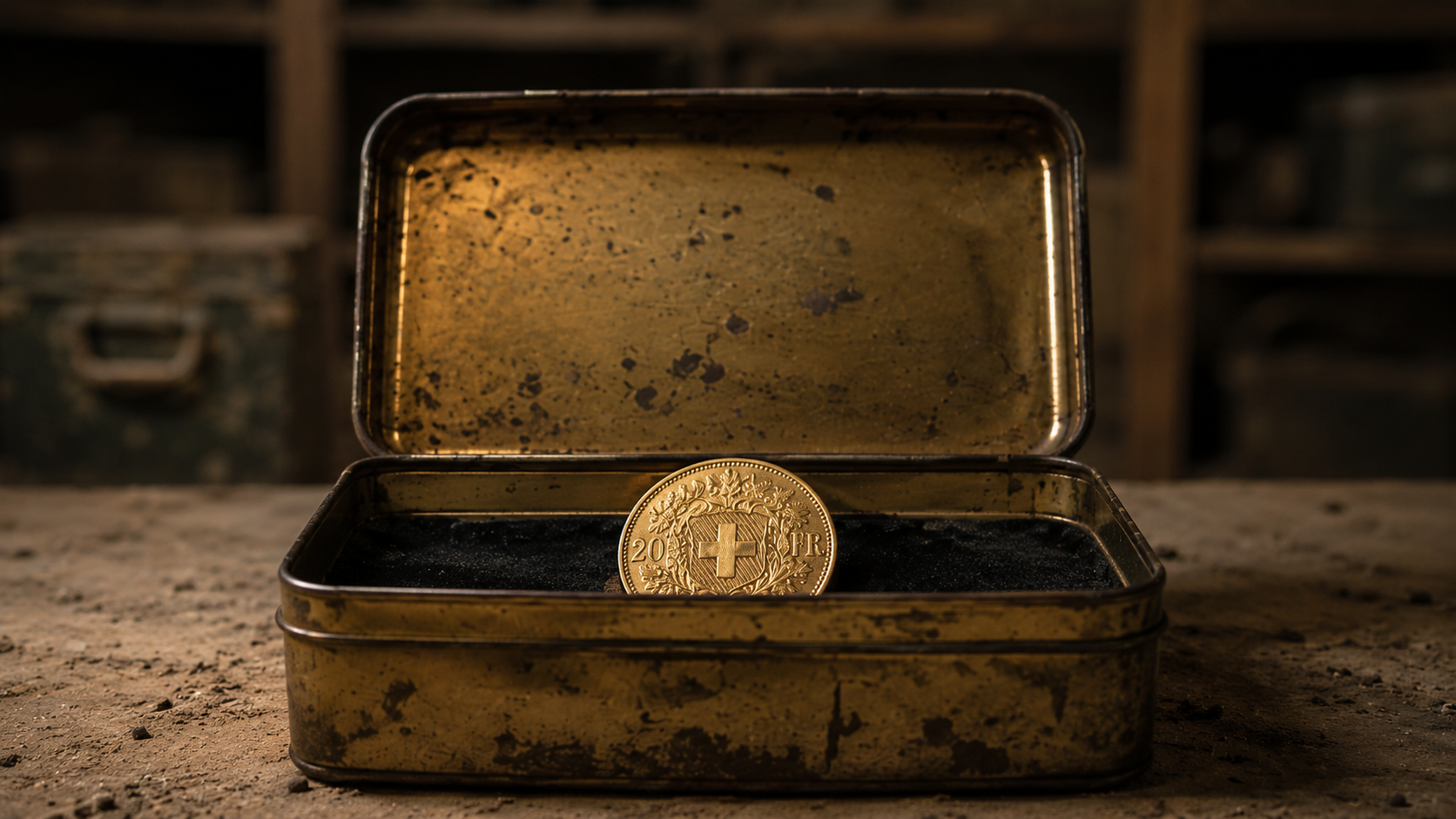 Schweizer Goldmünze in einer alten Blechdose als Fund beim Entrümpeln eines Kellers