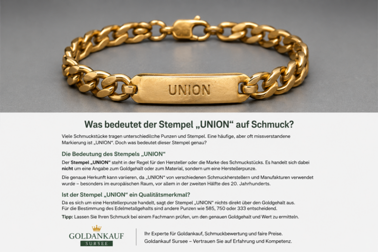 Gold bracelet with a rectangular plate engraved 'UNION', shown against a gray background (illustrating the jewelry stamp.