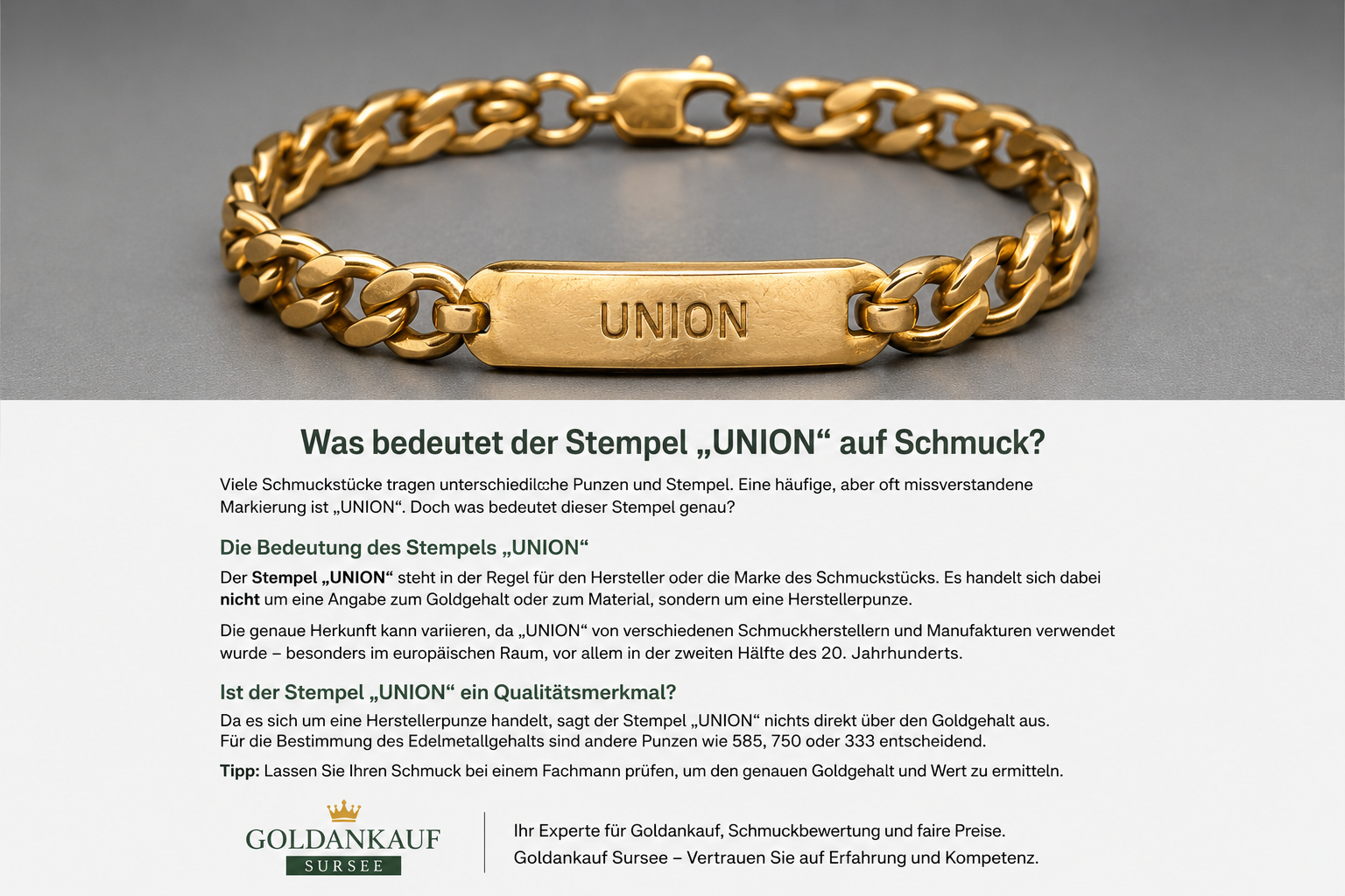 Gold bracelet with a rectangular plate engraved 'UNION', shown against a gray background (illustrating the jewelry stamp.