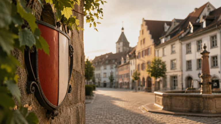 Historisches Stadtbild von Sursee im warmen Abendlicht mit einem dezent dargestellten rot-weissen Wappenschild im Vordergrund.