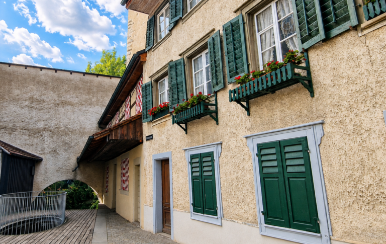 Two-story beige building with green shutters and red flowers in window boxes along a cobblestone path under a blue sky.