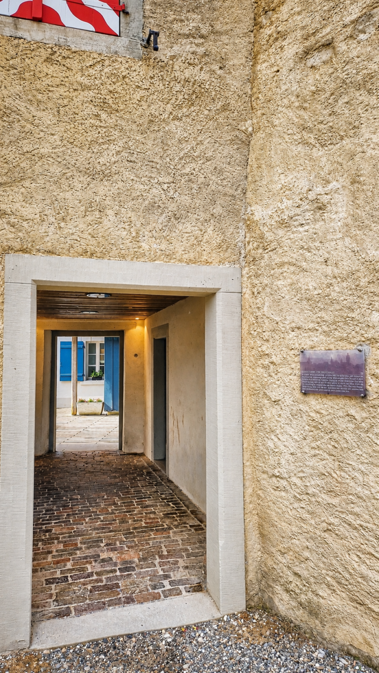 Narrow stone passage with an arched doorway, leading to a sunlit courtyard with blue shutters and a potted plant beyond.