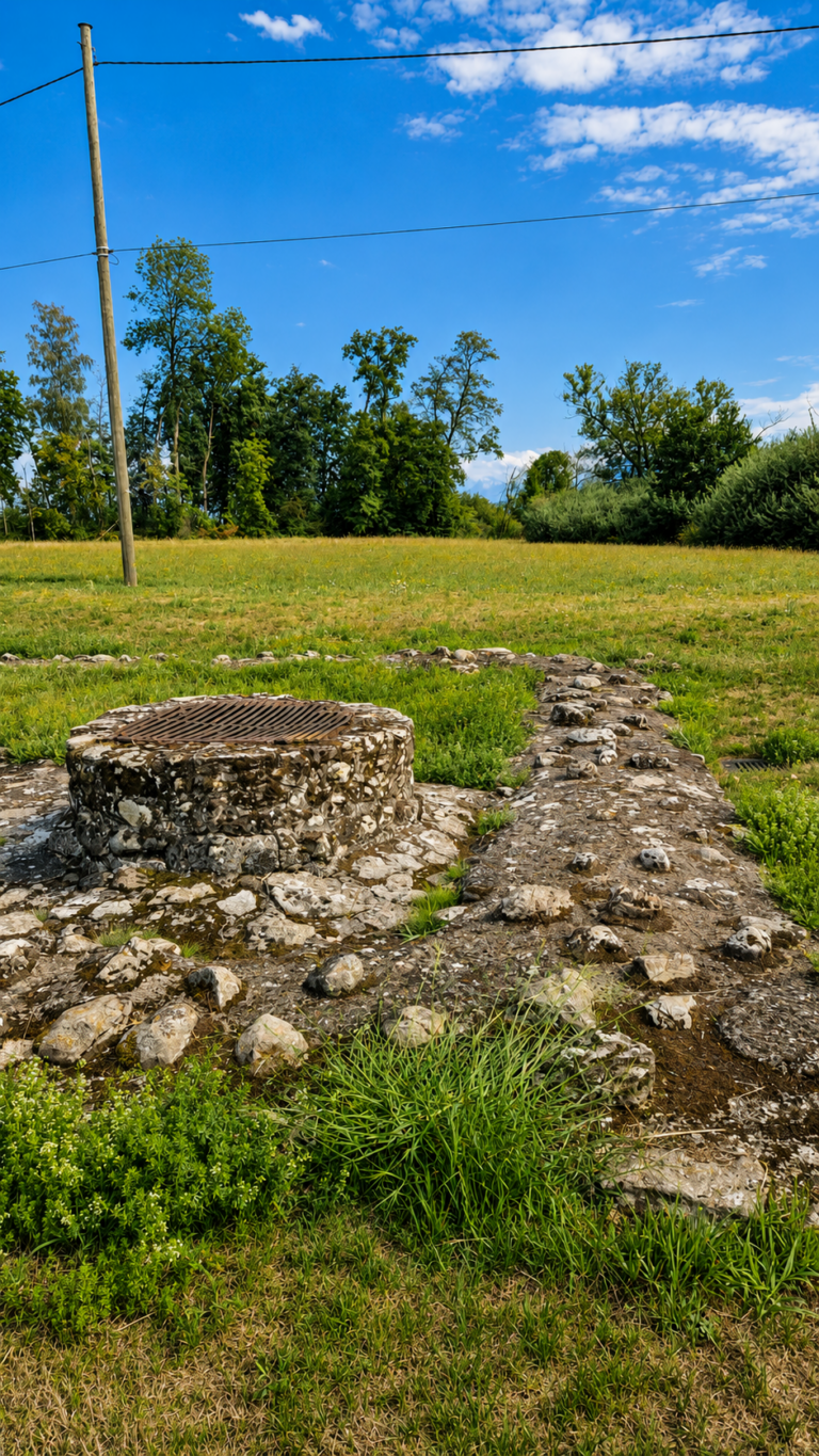 Circular stone well cover with a metal grate, set in a rocky base on a grassy field under a blue sky.