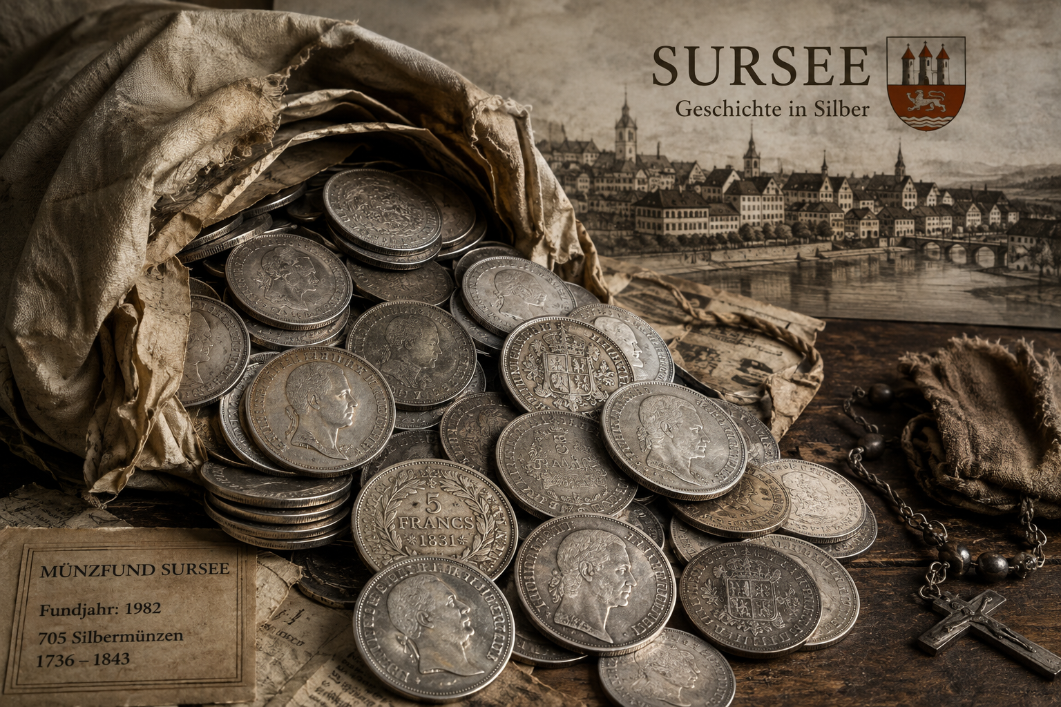 Pile of antique silver coins spilling from a worn burlap bag with an old town mural in the background.