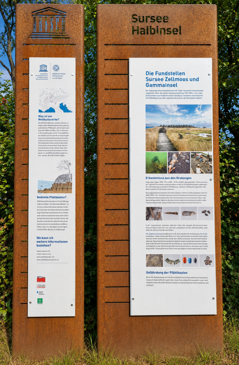 Two tall rusted information boards in a green area, titled Sursee Halbinsel; the left panel shows a map and text, the right panel has a blue headline and a photo collage about local sites.