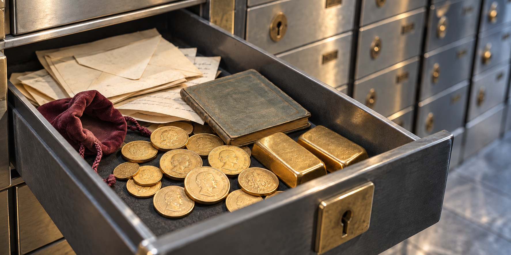 Geöffnetes Bankschliessfach mit Goldmünzen, Goldvreneli und Goldbarren