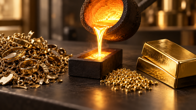 Vom Altgold zum neuen Wertstoff: Durch Einschmelzen und Raffinieren wird aus altem Schmuck wieder hochwertiges Gold für neue Anwendungen.