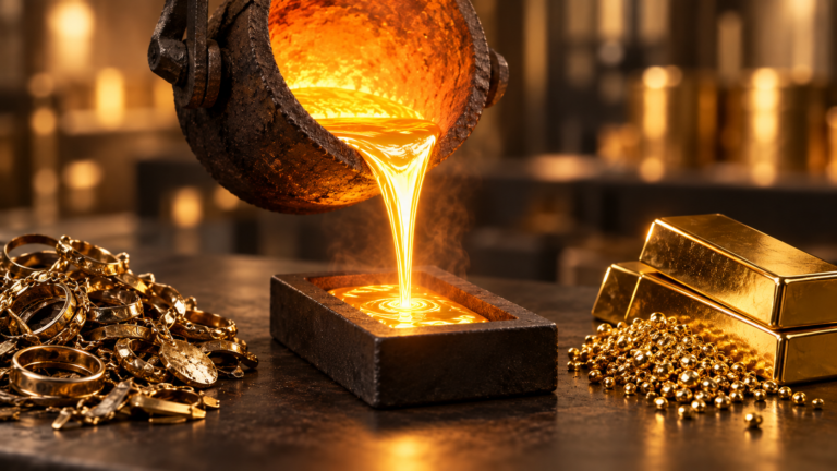 Molten gold being poured into a mold as gold bars and jewelry lie nearby on a workshop bench.