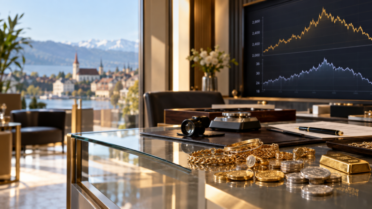 Goldmünzen, Silberschmuck und Goldbarren vor aktuellen Edelmetallkursen bei Goldankauf Sursee
